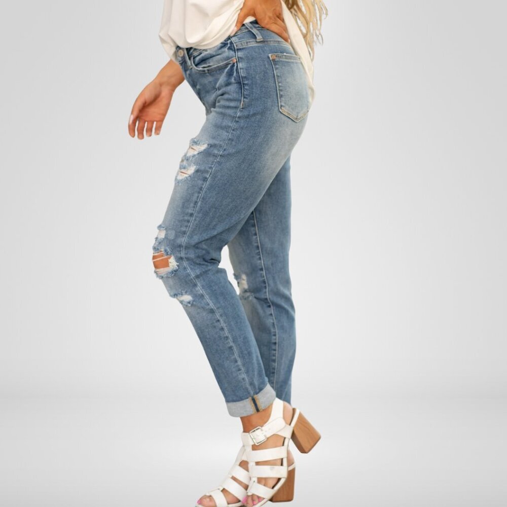 Judy Blue High Rise Distressed Boyfriend Cuffed Jeans Size 0/24 - Picture 3 of 4